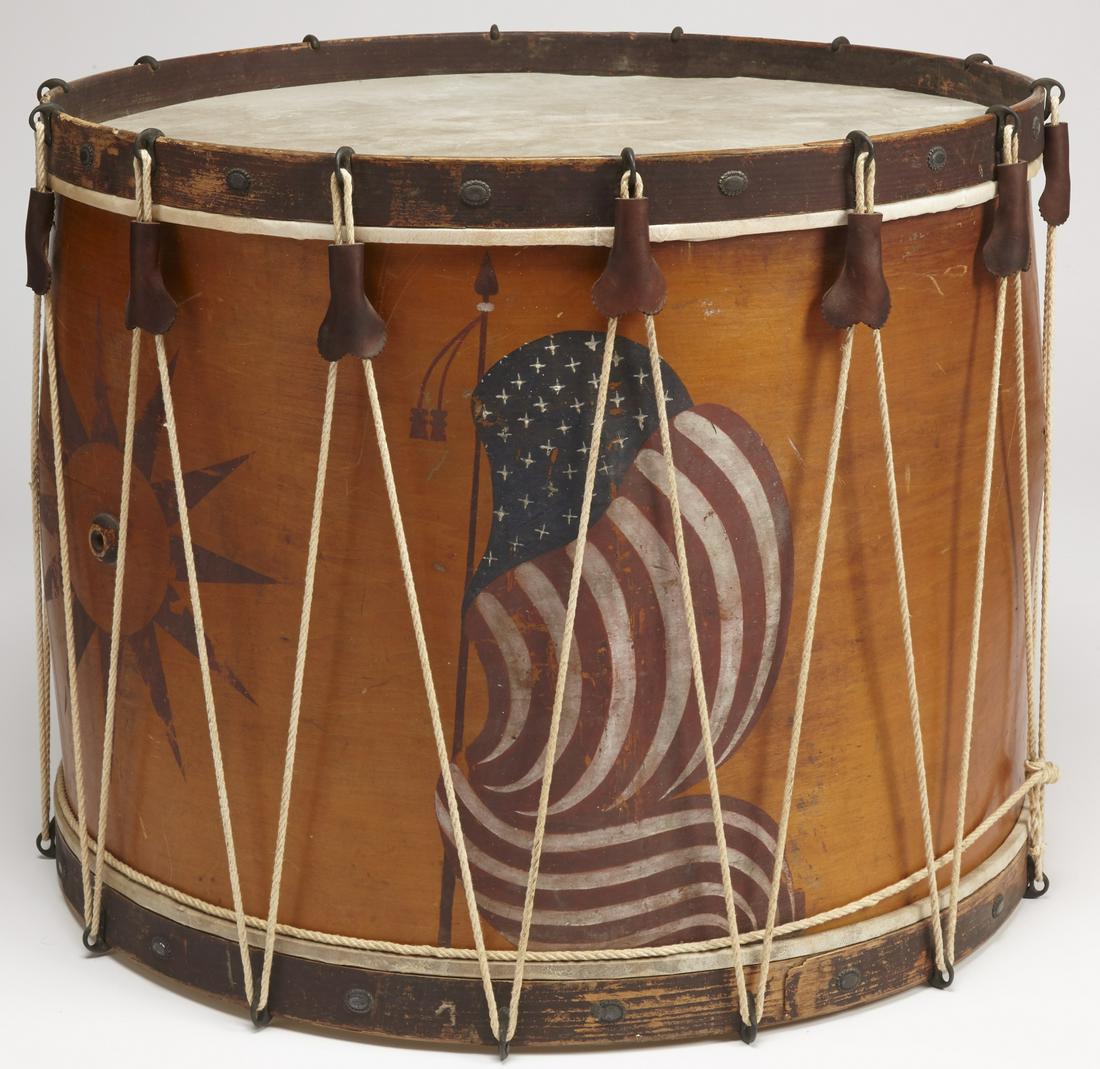 Paint Decorated Bass Drum with Flags: Paint decorated bass drum with flags, circa 1880. Dia. 28-1/2", H 22-3/8". Original paint. Minor cracks and imperfections. See this link for High-Res images https://www.dropbox.com/home/bassdrum