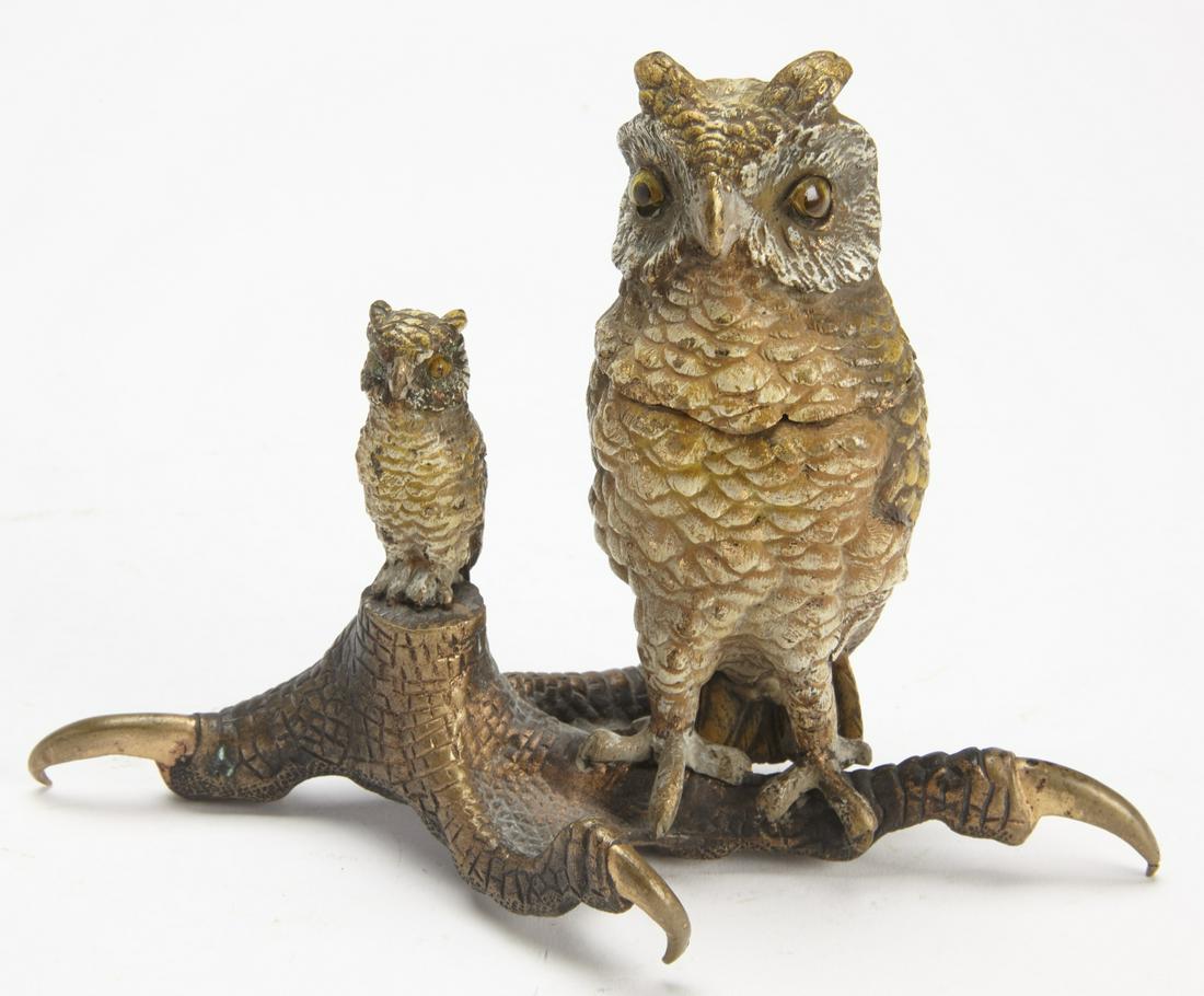 Owls Austrian Cold Painted Bronze Inkwell: Owls on a branch, Austrian cold painted bronze inkwell. unmarked . L 7". Minor losses to owl's glass eyes.