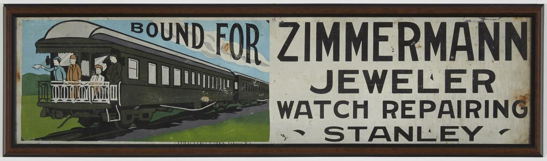 Ithaca Trade Sign Co. Advertising Sign - Train: Ithaca jewelry and watch repair trade sign with train car, Ithaca Sign works, Ithaca, NY. Original paint on tin. Circa 1910. Frame size: H 14:, W 51", opening: 11-1/2", W 48". Excellent condition, fra