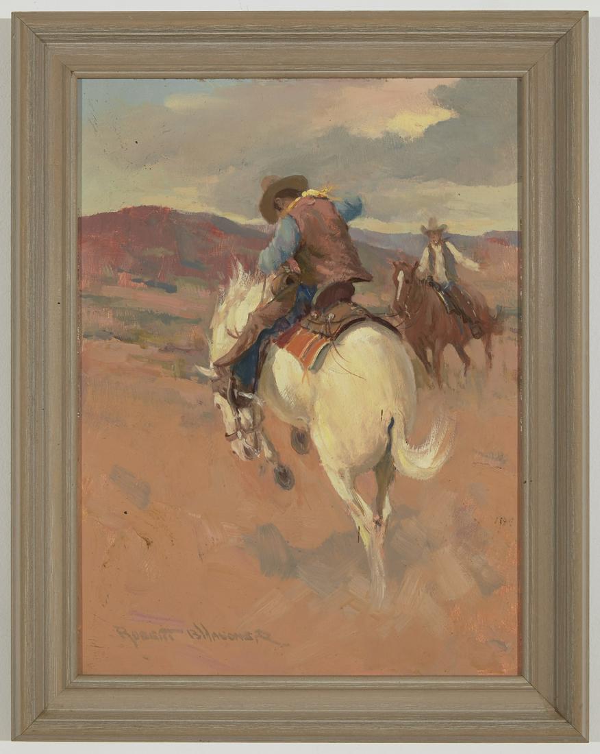Two Western Paintings by Robert Wagoner: Two Western Paintings by Robert Wagoner. Bucking Bronco. Oil on panel. Framed size H19-1/4", W 15-1/8". Sight size H15-5/8", W11-3/4". Tipis and Horses oil on panel. Framed size, H11-3/4", W 9-3/8". M