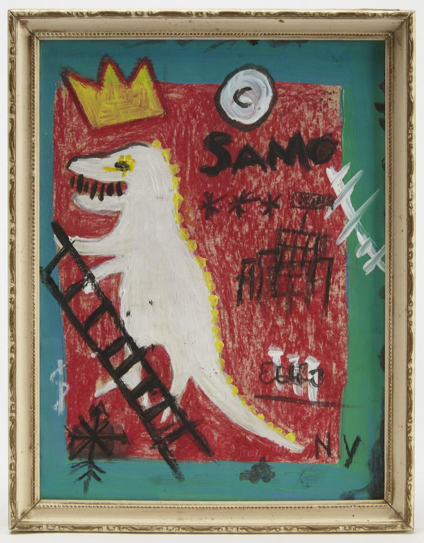 Jean-Michel Basquiat Oil Stick on Paper, 1982: Jean Basquiat oil stick on paper, 1982. Framed size H10-1/4", W 8". Andre Emmerich Gallery label on back. Purchased by current owner 20 years ago. While we believe this work is authentic, Basquiat's w