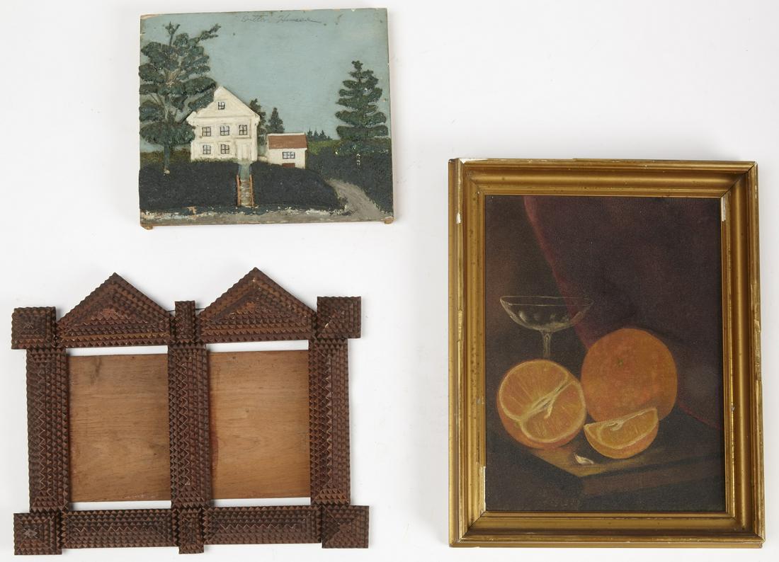Still Life, Carved Plaque & Tramp Art Frame: Still life painting with oranges, framed size H 14-1/2, W 11-1/2, opening H 11-1/2", W 8-3/4". Relief carved folk art plaque with house W 9-3/4", H 8". Double tramp art frame. H 13", W 11".Excellent c