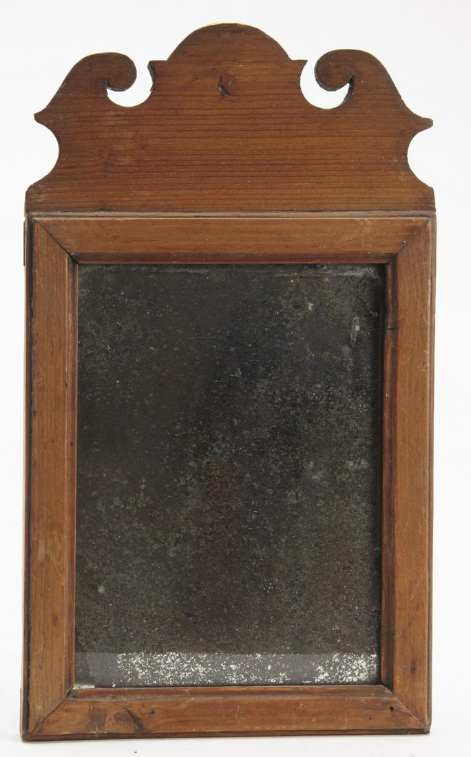 American Antique Queen Anne Mirror: American antique Queen Anne mirror, circa 1790. H 13", W 7-1/2". Excellent conditon, old finish.Provenance: Lewis Scranton