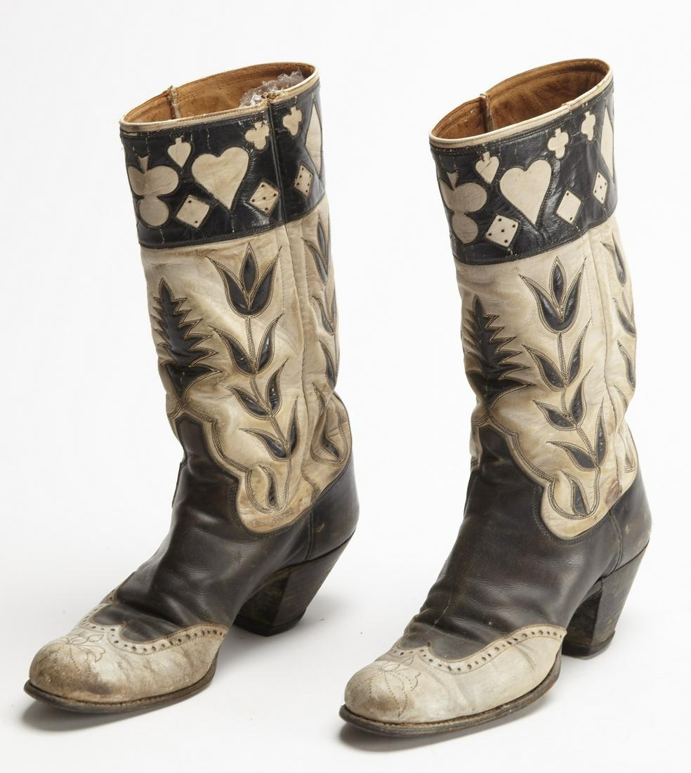 Vintage Women's Cowboy Boots with Gambling Motifs: Vintage leather women's leather cowboy boots with gambling motifs. H 13", L 10", W 3-1/4". Excellent vintage condition, wear to soles.