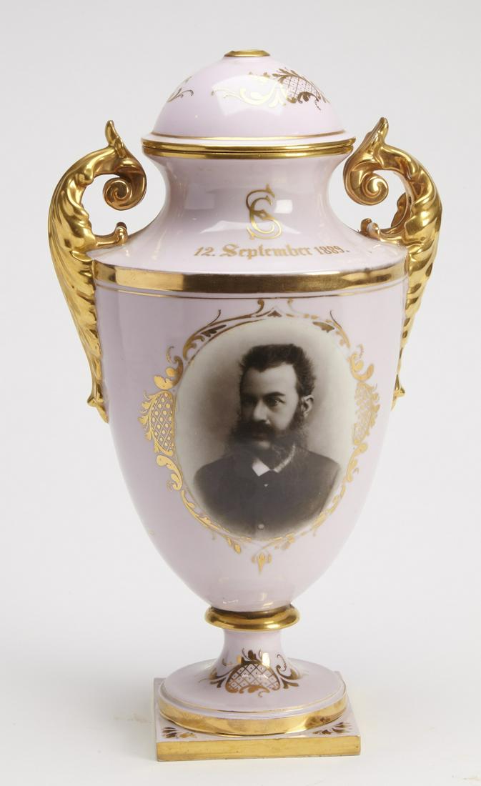 Antique Porcelain Urn 1839: Porcelain urn dated 1839. H assembled 15". Finial missing. Imperfections.