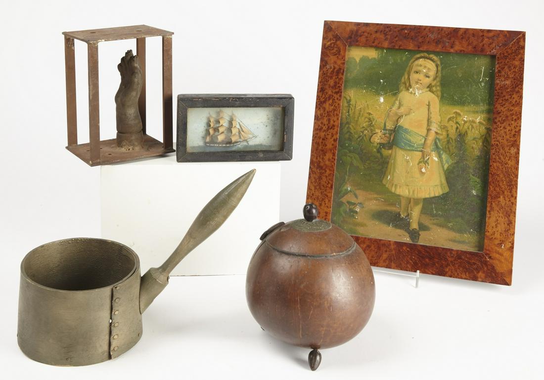 Interesting Americana Lot: Americana Lot, including a highly figured antique birdseye maple frame: H 14", W 11-3/4" ;an antique miniature folk art sailing ship shadowbox: H 3-5/8, W 6-1/2";.an early coconut lidded box with pewt