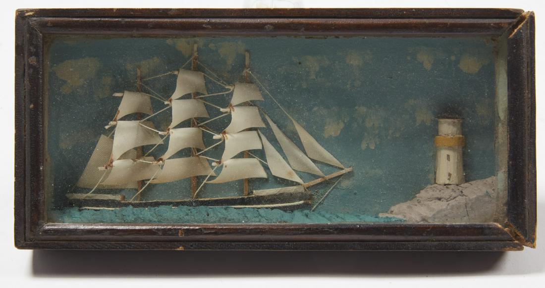 Diminutive Ship Shadowbox: Diminutive nautical ship shadowbox. Circa 1900. H 7-1/2" ,W 3-1/2" , D 1-1/4".