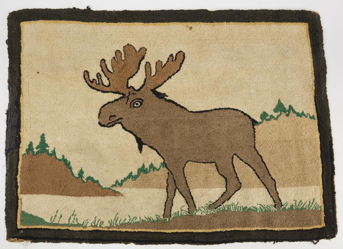 Folk Art Moose Hooked Rug: Folk art moose hooked rug. Circa 1900. H 28-1/2", W 39". Excellent condition.