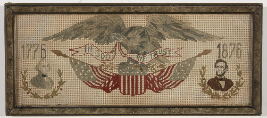 American Centennial Needlework: Centennial needlework with Lincoln and Washington. Framed size: H 10" , W 22-3/4". Excellent condition with minor imperfections.