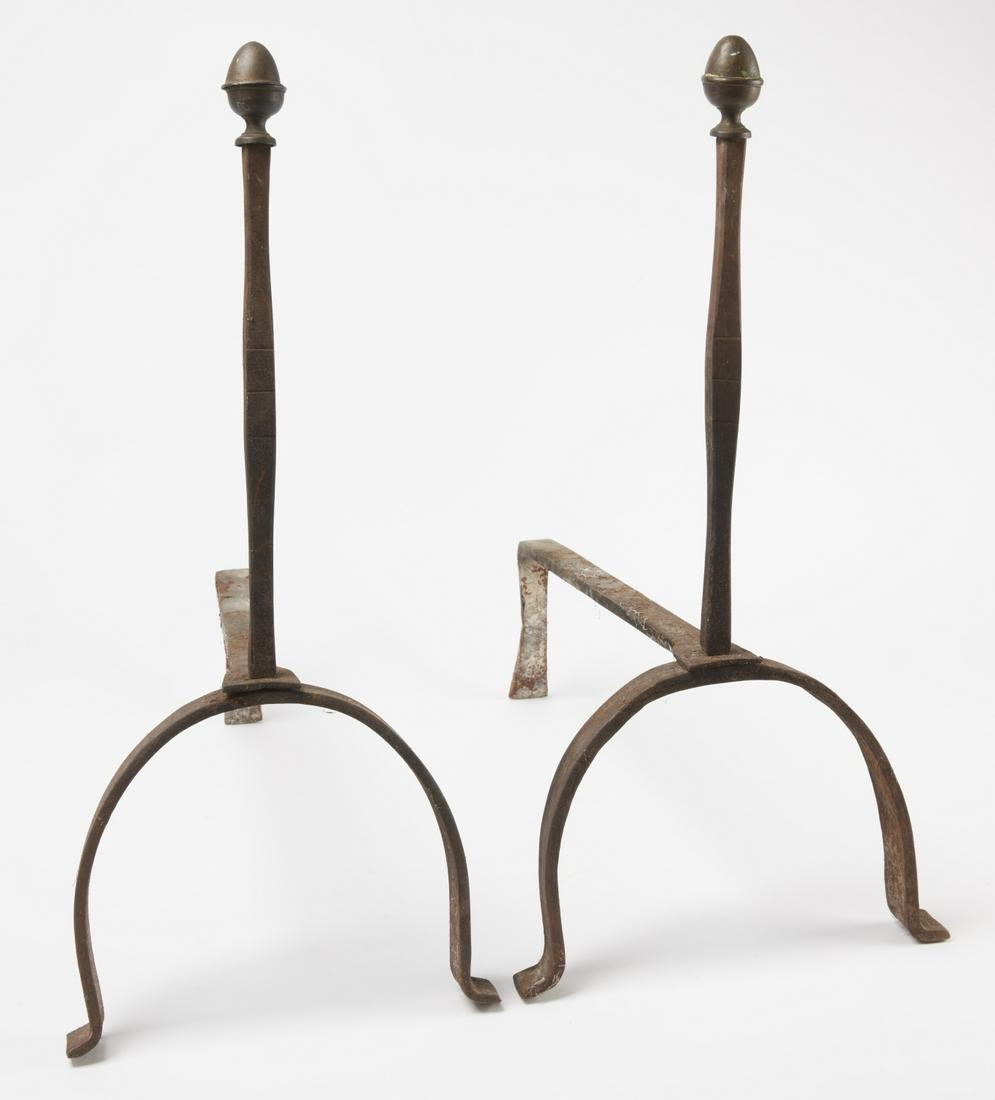 Pair of Early Iron Andirons with Brass Finials: Pair of early wrought iron andirions with brass finials. Early 19th century. H 24-1/2". Estate of anthropologists and food historian Michael and Sophie Coe. New Haven, Ct