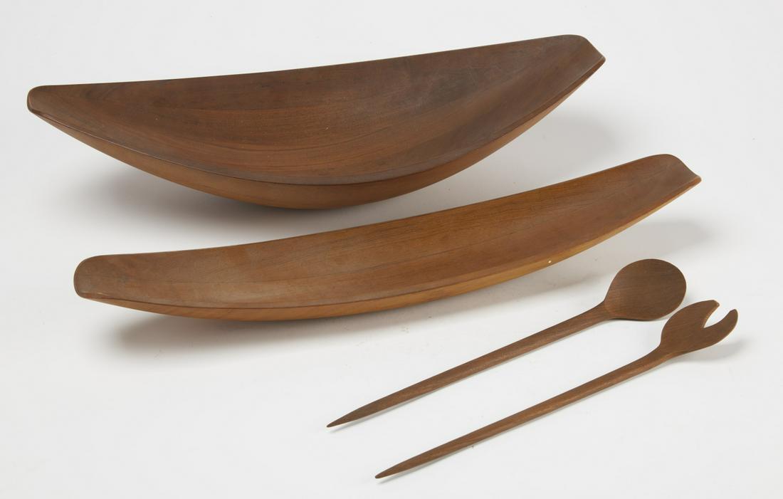 Danish Modern Teak Bowls and Utensils: Two Danish modern teak bowls, serving spoon and fork. Bowls marked Danmark, circa 1960. L of bowls 24-1/4" and 23-7/8". Excellent condition.