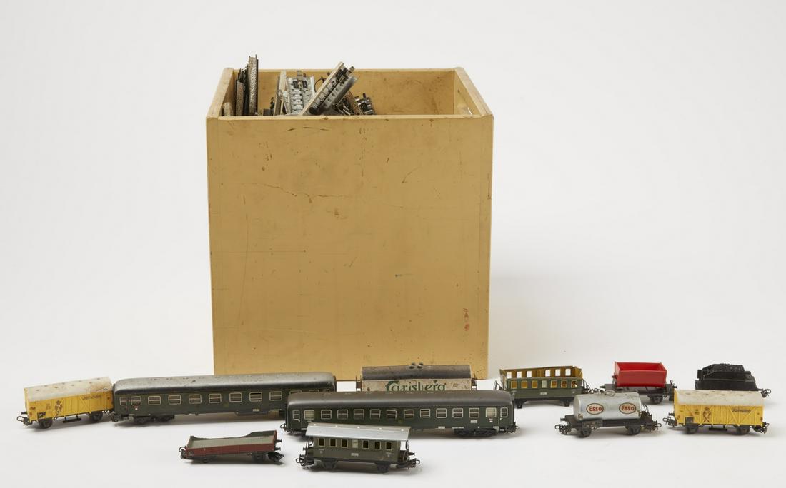 Vintage Marklyn Train Set: Vintage Marklyn train set. West Germany. 11 cars and a large quantity of track. Estate of anthropologists and food historian Michael and Sophie Coe. New Haven, Ct