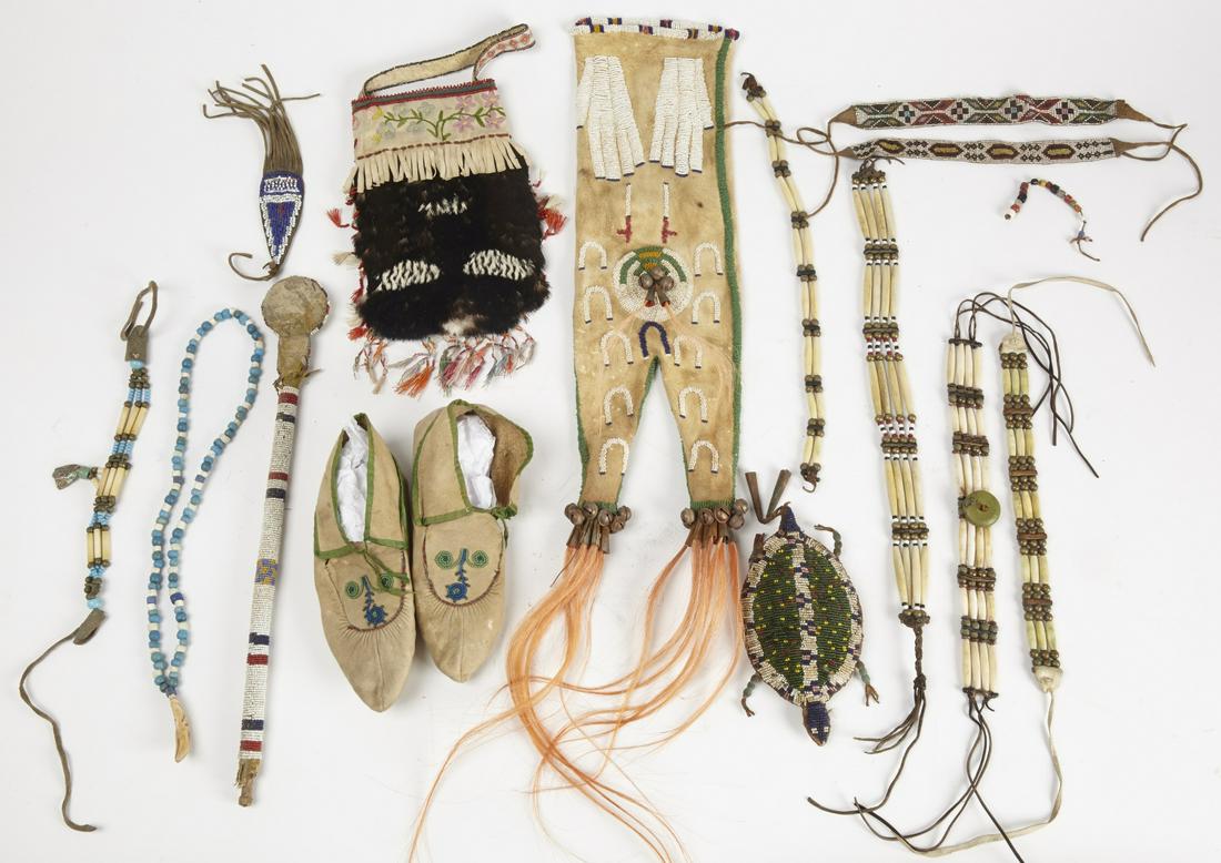 Vintage Native American Beadwork Lot: Native American vintage beadwork lot, including a beaded turtle amulet, pair of beaded moccasins. Beaded bag with hands, beaded strips. 6 beaded bone chokers. Bag with quill and feathers. Beaded club