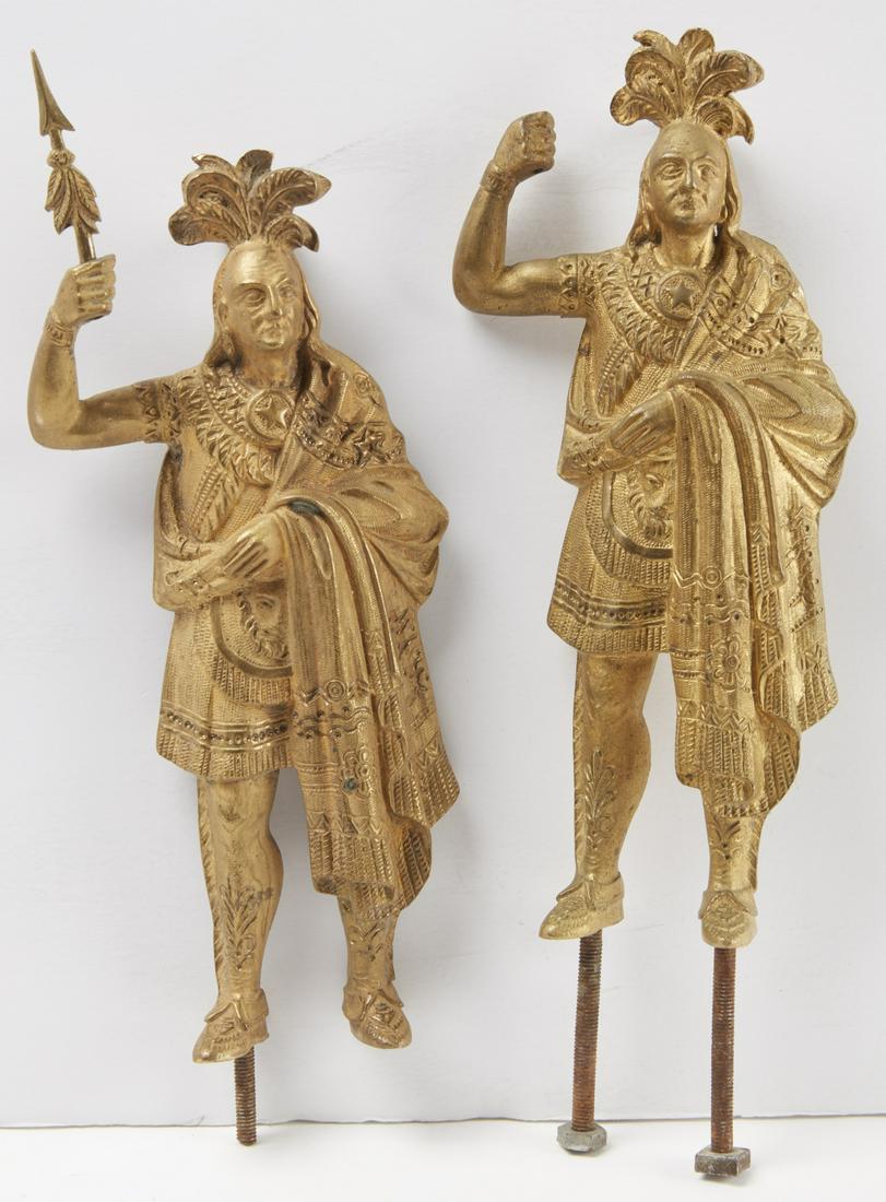 Pair Bronze Gilded Indians Mounts: Pair of finely cast bronze gilded Indian ormolu mounts. H 8-3/4" to top headdress.