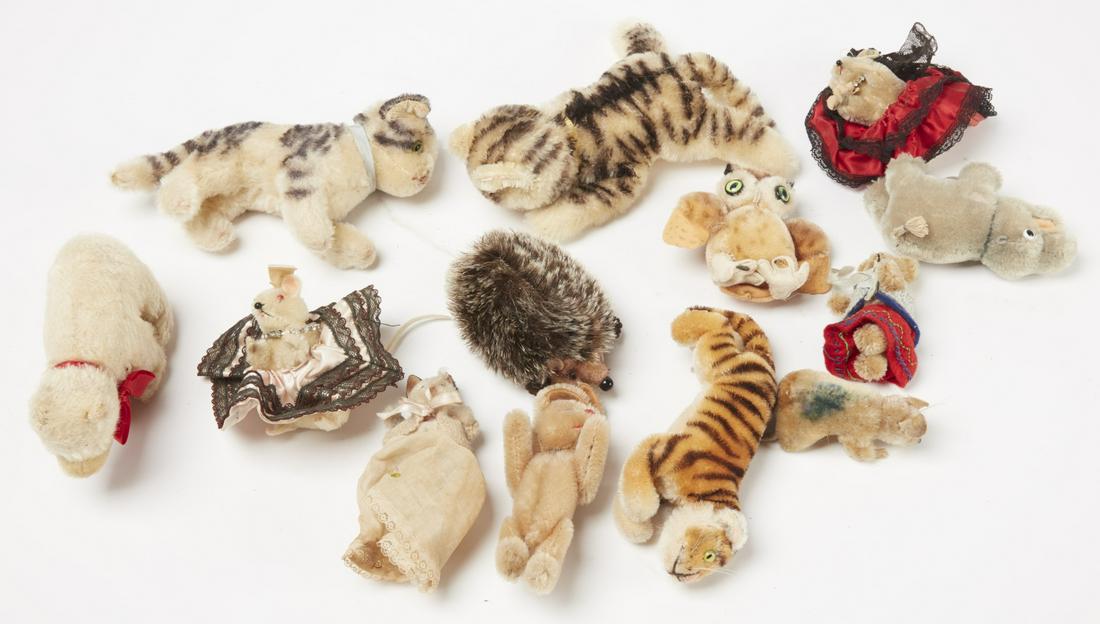Lot 13 Steiff Stuffed Animals: Thirteen Steiff Stuffed animals, one with ear tag. Largest: H 2-1/2", L 9" approx. Smallest: H 4-1/2". Estate of anthropologists and food historian Michaeland Sophie Coe. New Haven, Ct