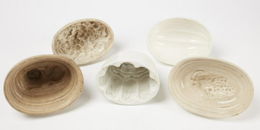 Five Ironstone Food Molds- one with LION: Five stoneware food molds, one with lion. Largest (lion): H 7", W 8-1/2", D 6-1/2".