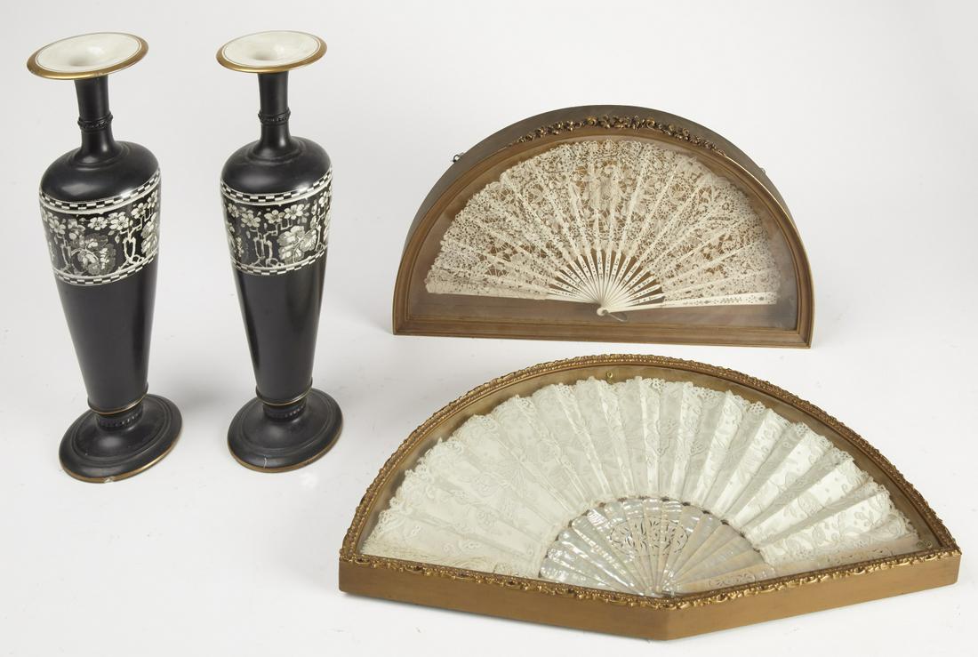2 Phoenix Ware Vases with 2 Framed Antique Fans: 2 Phoenix Ware vases, Verona pattern H 16-3/4" with 2 framed antique fans. A couple minor chips on vases. Fans with minor imperfections. Fan frame sizes 21-5/8" x 12-1/8"x 1-3/8" and 20-7/8" x 11-3/4"