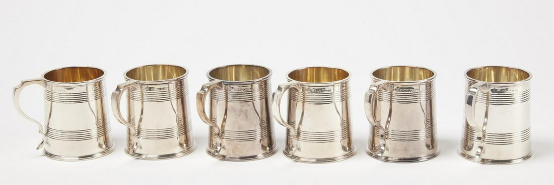Six Mappin & Webb Half-Pint Mugs: Six Mappin & Webb half pint mugs. Signed and hallmarked with sun face on bottom. H 3-1/4", Dia. 3". Estate of anthropologists and food historian Michael and Sophie Coe. New Haven, Ct