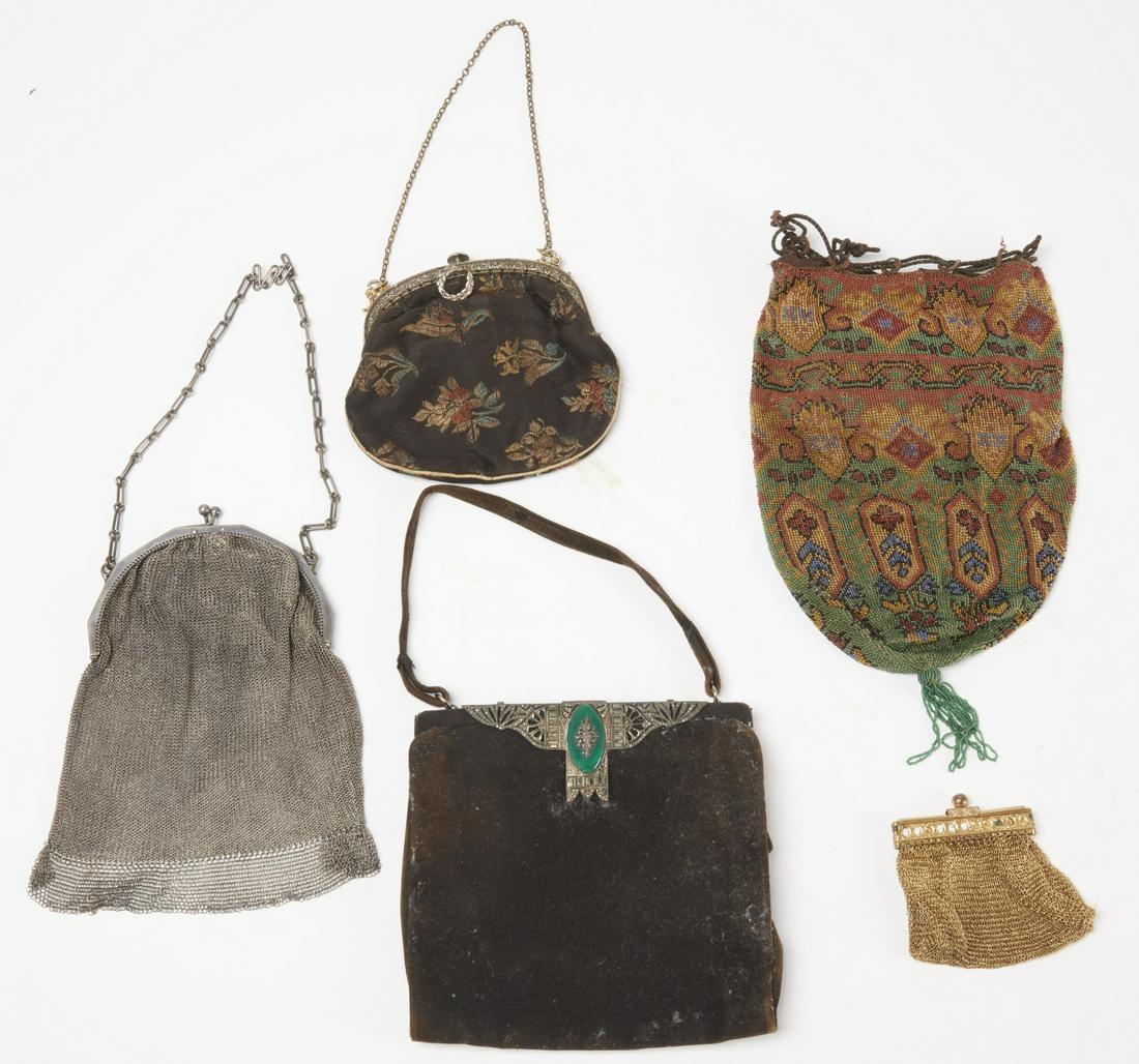 Sterling Mesh Bag plus 4 more: Fine Sterling mesh bag with matching change purse. Weight 8.3 ozt. Art deco bag with marcasite and green stone, small gold metal mesh change purse, vintage beaded flapper bag, and one small embroidere