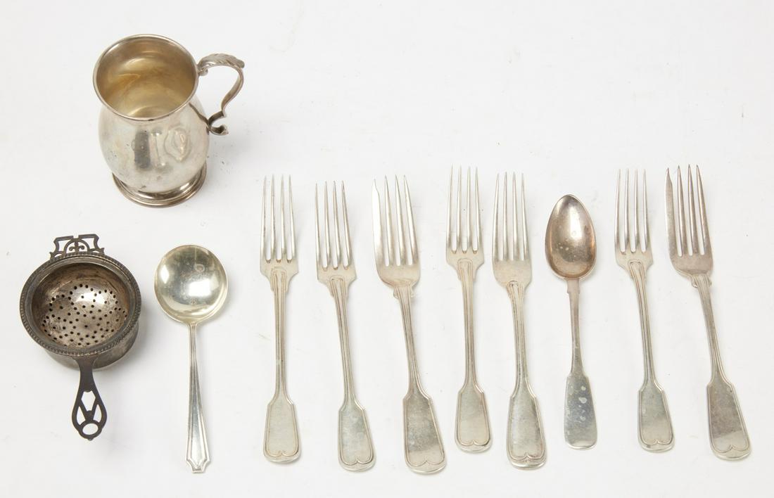Lot of Mixed Silver: Lot of mixed silver. Some sterling and some 800. Misc forks, spoons, a hallmarked English tea strainer and a hallmarked James Robinson small mug. 14.6 ozt. Estate of anthropologists and food historian