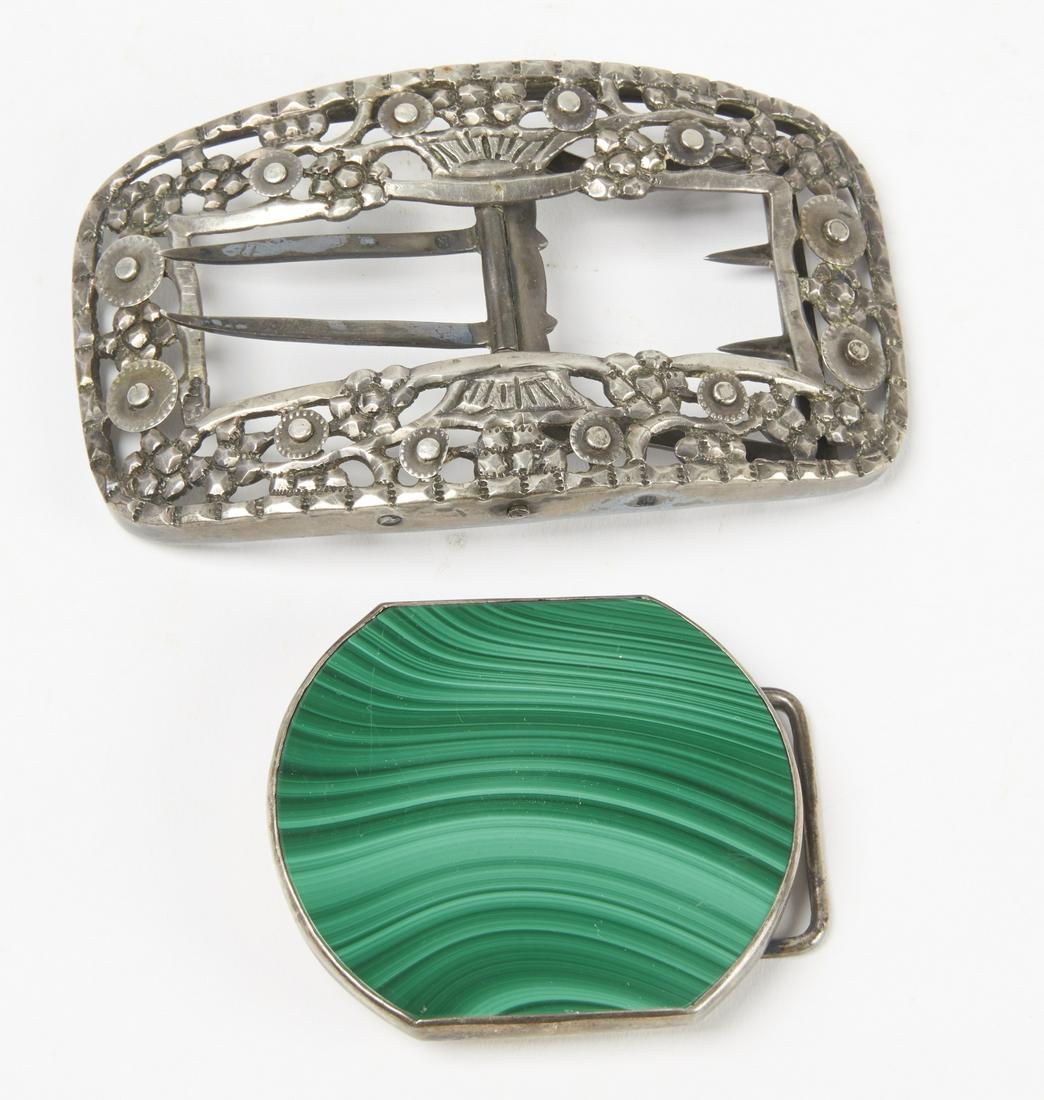 2 Vintage Silver Buckles: Two vintage silver buckles. One early German silver example hallmarked JH 97. L 4" and one sterling and malachite buckle signed DS. L 2-1/2". excellent condition. Estate of anthropologists and food hi