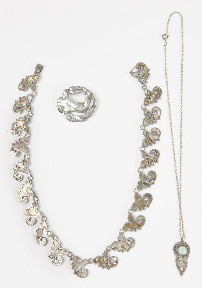 Taxco Necklace, Native Pendant ,Sterling Pin: Nice Taxco silver and abalone necklace along with a Navajo silver pendant and chain. L Taxco 16". Plus a sterling pin 2.07 ozt