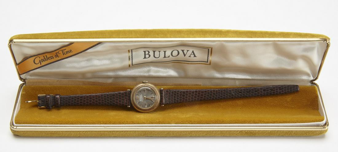 Accutron Ladies 14K Watch: Bulova Accutron ladies 14K gold watch. Original box, band broken. Dia. 1". Not known if working.