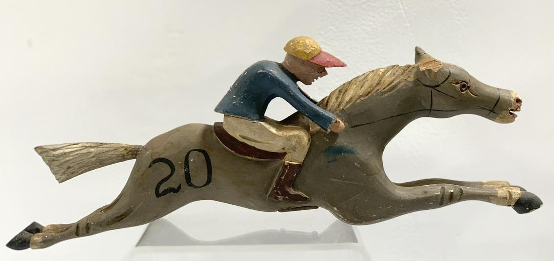 Carved Steeple Chase Horse Carnival Game: Carved folk art steeple chase horse carnival game. Approx 15-1/2"L. Excellent original condition. Early 20th century. US shipping $20.