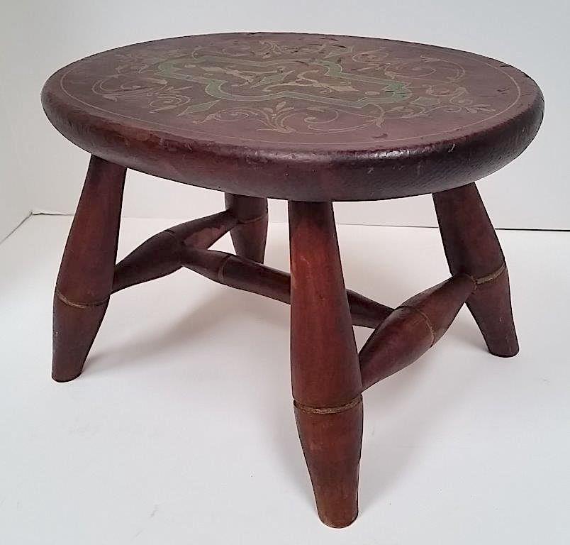Fine Early Windsor Footstool c 1825: Fine early Windsor Foot stool. Circa 1825. This Windsor stool has a fine old painted surface with boldly bamboo turned Windsor legs and the original decorated painted top. It is fancifully decorated i
