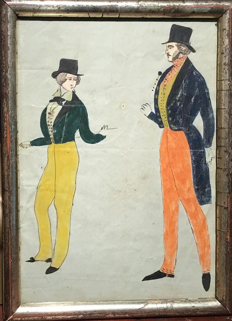 Early Watercolor of Two Dandies: Early watercolor of Two Dandies.Circa 1860. 9" x 7". Ex collection of Russell Carrell. Excellent original condition. US shipping $20 Courtesy John Sideli Art & Antiques JohnSideliFineArt.com