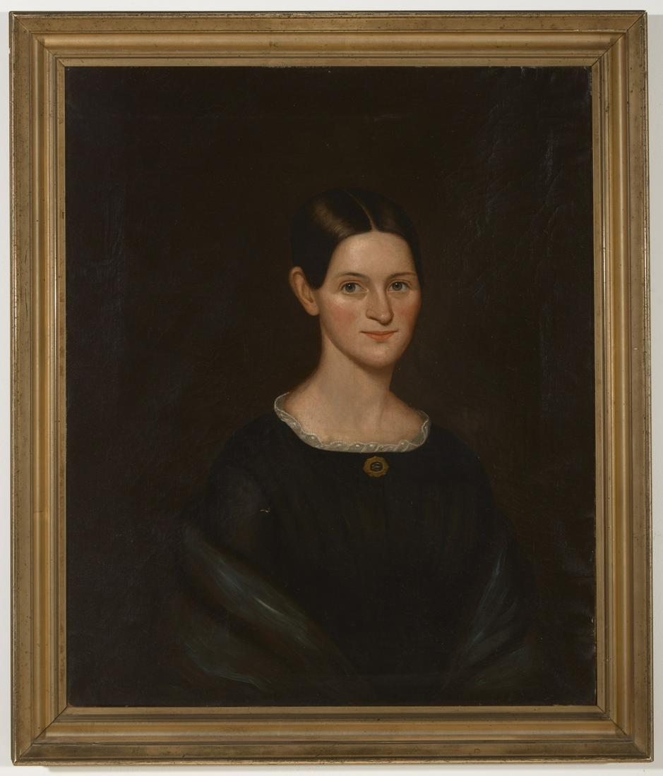Portrait of a Young Lady Joseph Goodhue Chandler: Portrait of a young lady by J.G. Chandler, painted for Lydia C. Bowker, aged 24 dated July 1846. Signed, dated and inscribed on verso. Frame size: H 35-1/2", W 29-1/2", opening: H 29-1/2", W 24-1/2".