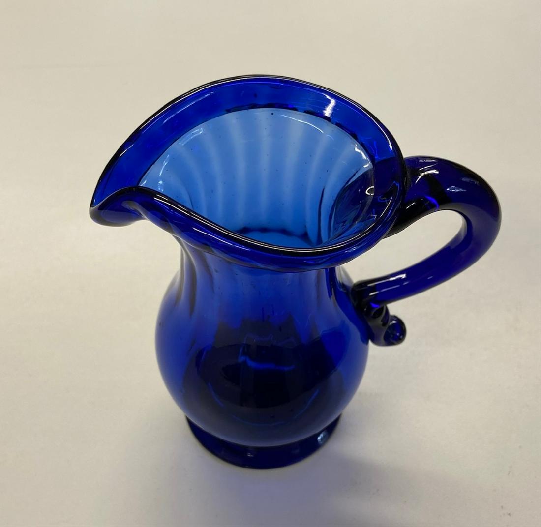 Sparkling Sapphire Blue Blown Pittsburgh Pitcher: Fine sparkling blue Pittsburgh blown glass pitcher. 19th century H 4". US shipping $20 Courtesy John Sideli Art & Antiques JohnSideliFineArt.com