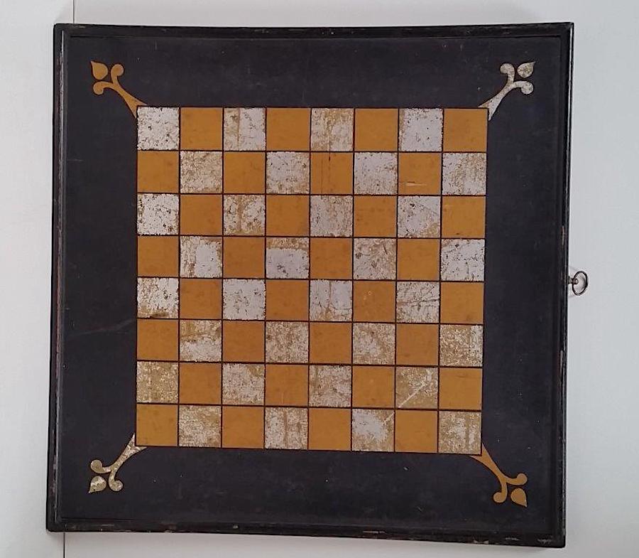 Painted Faux Marble Game Board: Game Board. Rare decorated faux marble checkers game board with applied moldings. Original paint on wood panel. Note the alternating board squares of gold and silver marbleizing with matching corner d