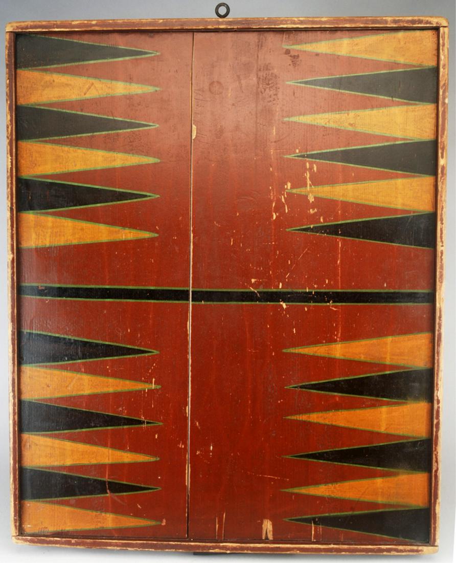 Painted Double-Sided Backgammon Gameboard: Backgammon game board. Double sided with original 4 color paint. A great example of American folk art. Circa 1890. H 20" W 16-1/2". US shipping $30 Courtesy of RJG Antiques RJGanciques.com