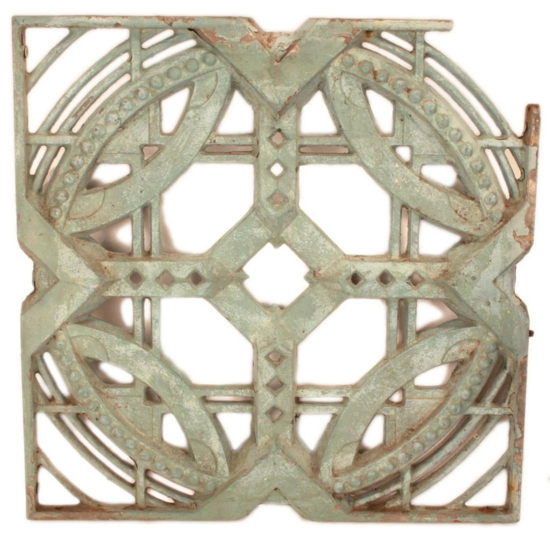 Pair of Mid-Century Modern Prairie School Panels: Pair of cast aluminum architectural modular panels by architect and designer John de Koven Hill (American, 1920-1996). Hill started his career as an apprentice at Taliesin for Frank Lloyd Wright, even