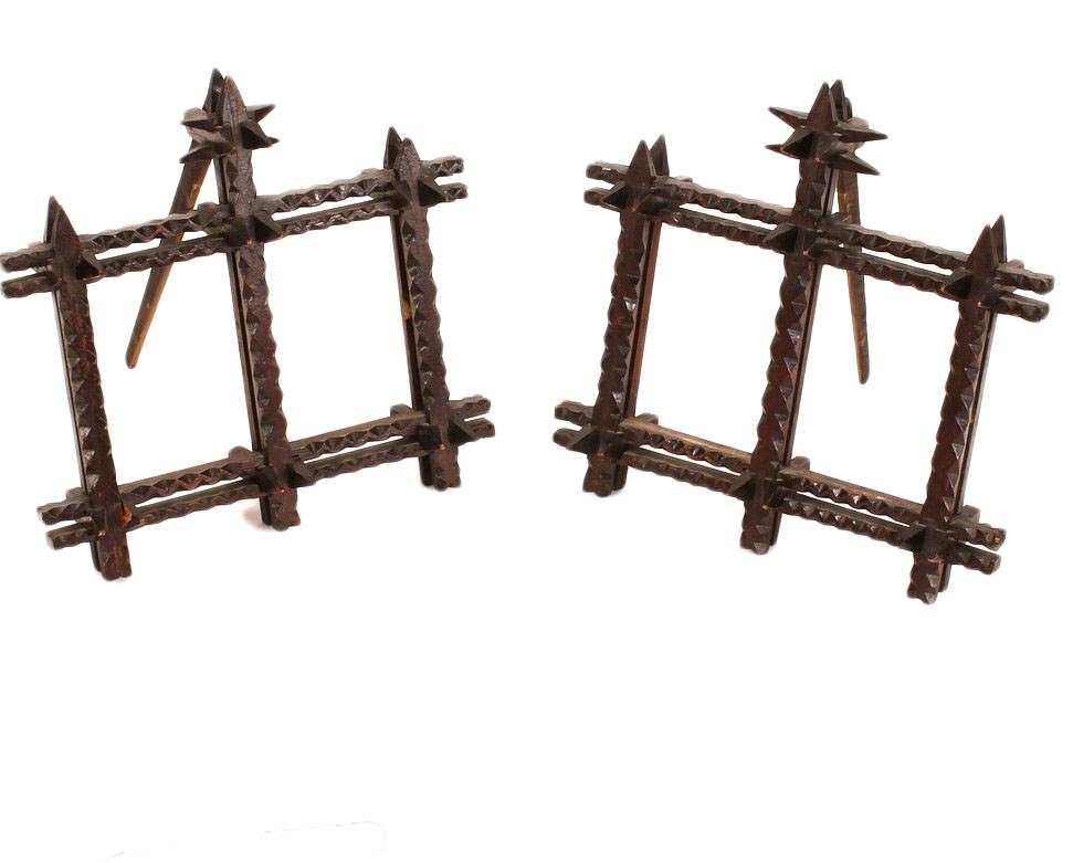 Pair of Exceptional Tramp Art Frames: Pair of Tramp art frames. Antique pair of exceptional tramp art frames, c. 1900. Unusual tabletop form in a rare pair. Wonderful spiky tactile design. Tramp-art folk artists often employed the wood fr