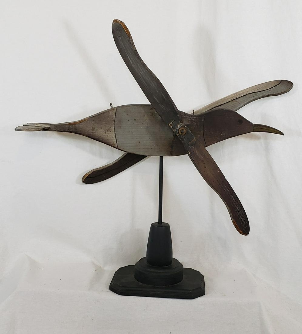 Folk Art Seagull Whirligig: Great seagull whirligig weathervane. Untouched original condition. Old hanging hooks appear original. Found in Maine, circa 1920. L 27" Height on stand 27". US shipping $35 Courtesy Steve Smoot