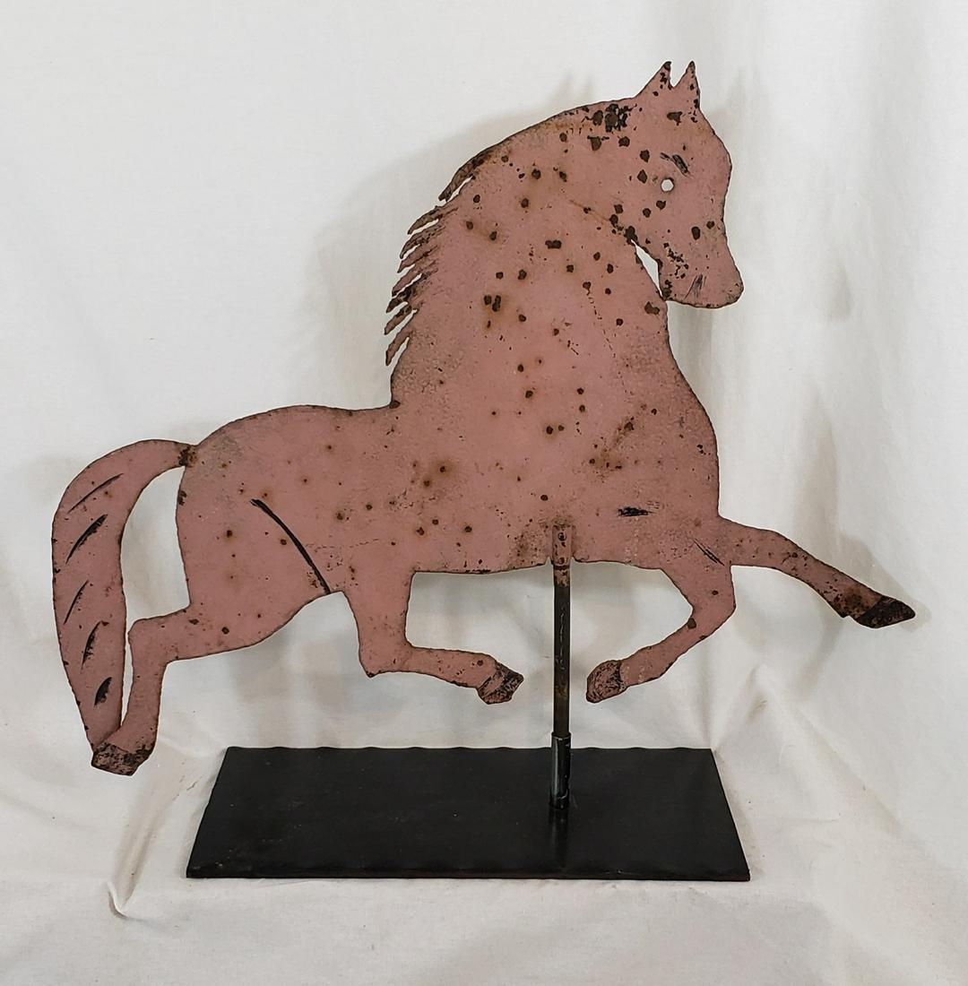 Sheet Iron Horse Weathervane: Sheet iron folk art blackhawk horse weathervane, late 19th century. Original mauve paint. L21" Height on stand 18-1/2". Excellent original condition. US shipping $35. Courtesy Steve Smoot