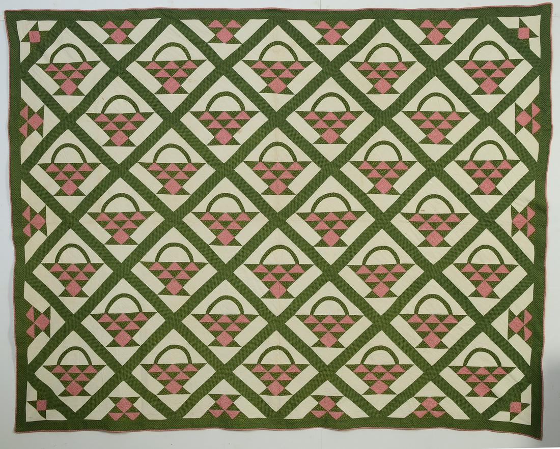 Fine "Baskets" Quilt - New York, circa 1880: Fine 19th century "Baskets" quilt. Two features make this "baskets" quilt especially lively. The body of each container is made of triangles. The diagonal grid echoes their direction, giving lots of m
