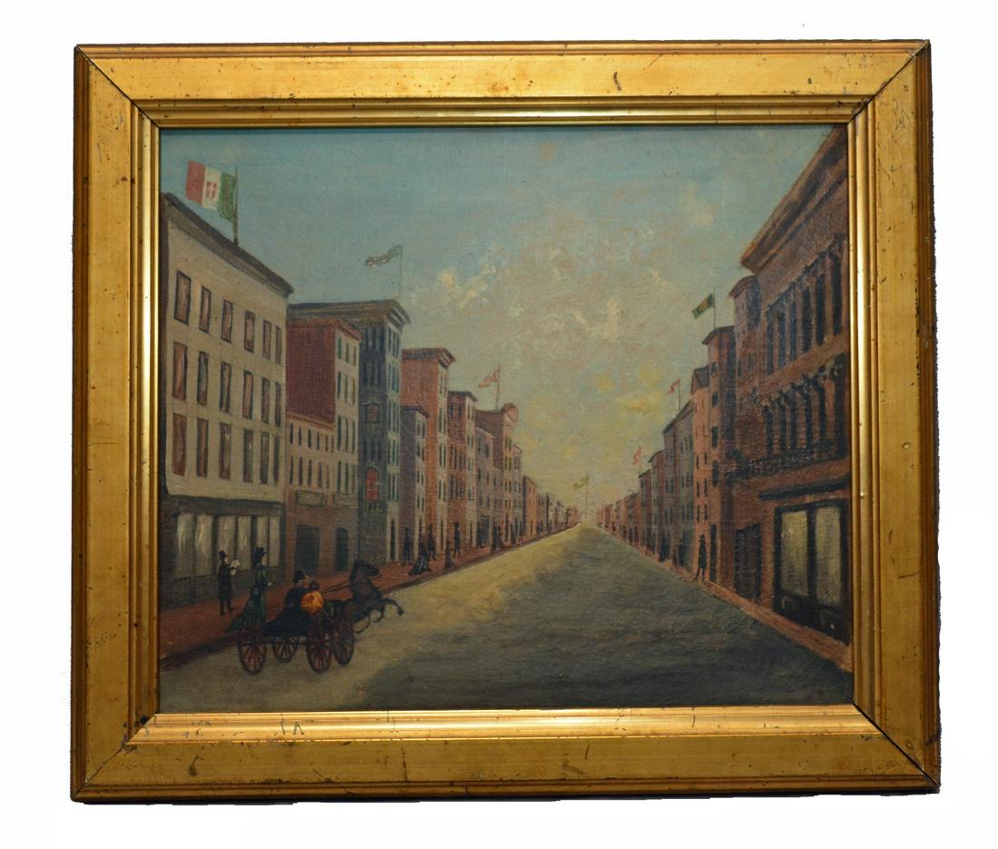 American 19th Century Cityscape: American Cityscape, depicting rows of buildings with various national flags, 25 figures and horse and buggy, oil on canvas and original Gilt frame, 15 1/4” x 13 1/2”, unsigned. US Shipping $30. Co