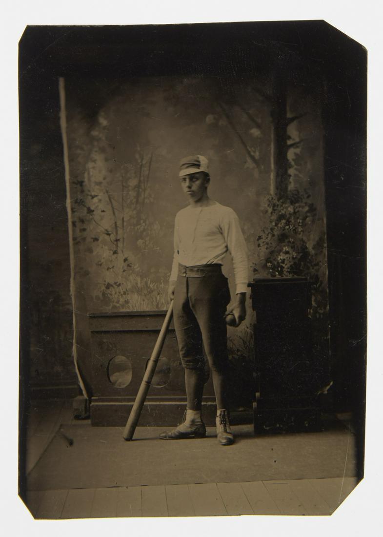 Tintype of Baseball Player with Bat & Ball (1 of 2)