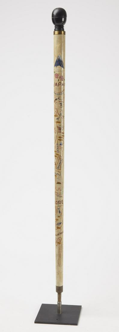 Carved Cue Stick with Japanese & Korean Cities: Carved cue stick with Japanese and Korean cities and iconography. World War II era, with custom base. Original paint. L 34". Please refer to link for high res photos: https://www.dropbox.com/sh/jlrzxx