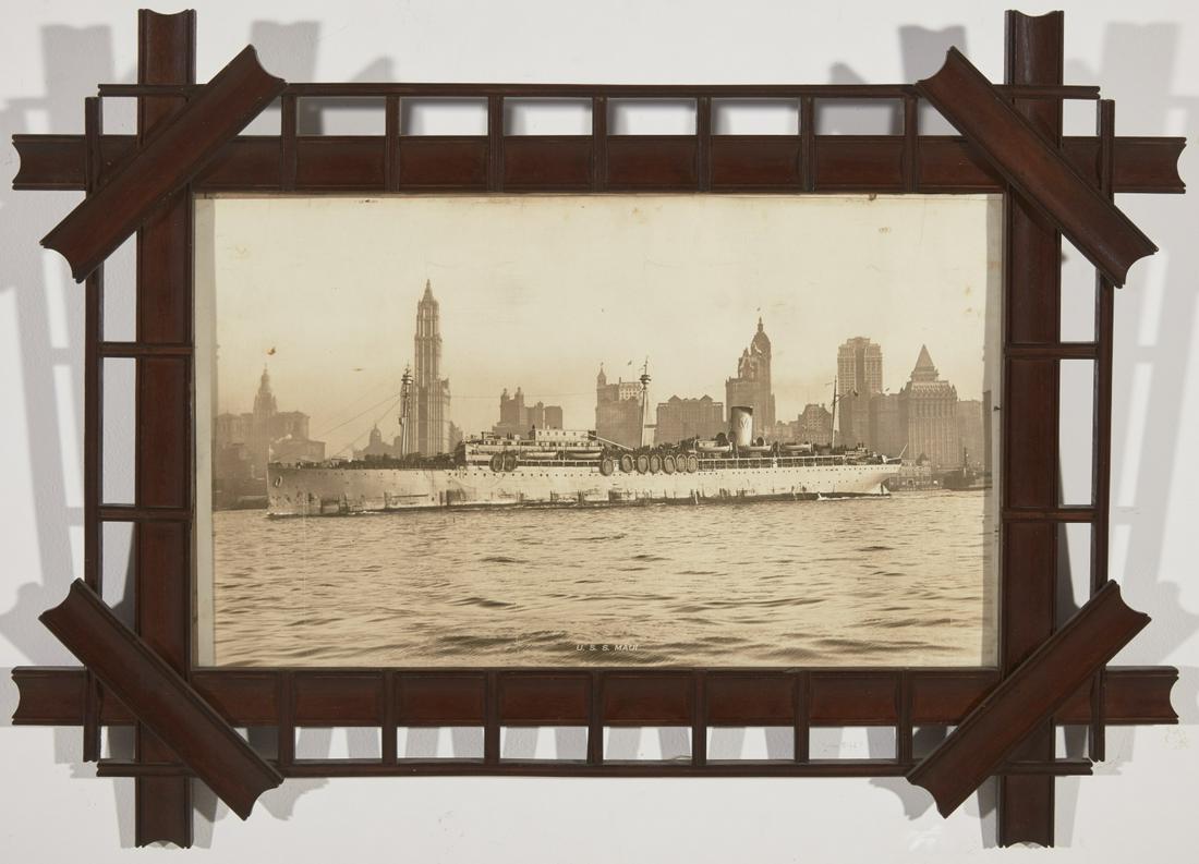 Photograph of USS Maui with interesting frame: Period black and white photograph of the USS Maui 1918-19. Beautifully designed and constructed frame. Photo size 11-1/2" W 19-1/2". Overall framed size 20-1/4 20-3/8. Excellent condition. A few minor