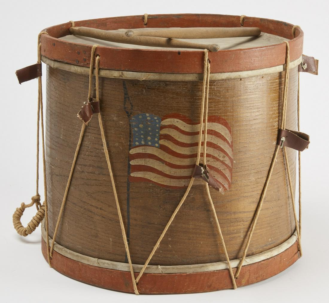 19h Century Flag Drum w/Drum Sticks: Painted drum with flag with drum sticks.19th century. H 12-1/2", Dia. 14-5/8". Excellent original condition. Inspected under uv light. Please refer to link for high res photos: https://www.dropbox.com