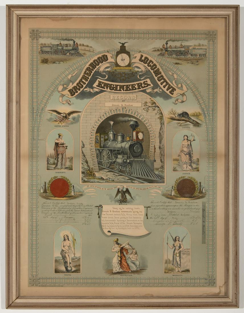 Brotherhood Locomotive Engineers Lithograph: Brotherhood Locomotive Engineers Lithograph. Record of Daniel Martin. Inscription in ink, commenced 1865 and transferred to Hartford Ct in 1883. Applied red and gold seals. Strobridge Lith Co., Cincin