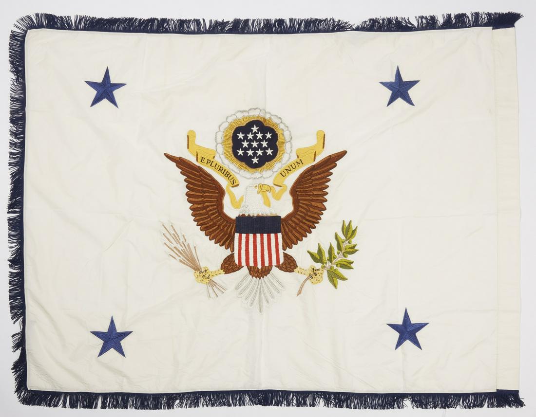 Assistant Secretary of the Army flag: Assistant Secretary of the Army flag. Sleeve on one side has original leather reinforcement. Size including fringe 54" x 70". Excellent, near mint condition. A couple very light age stains are barely 