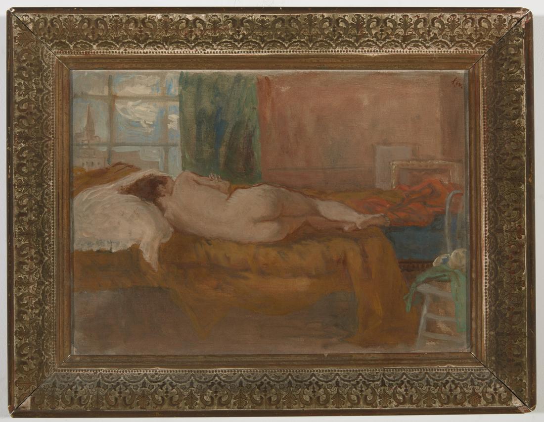 Franklin C Watkins Nude - Oil on Canvas: Franklin C Watkins (1894-1972). Reclining Nude. Signed UR. Oil on canvas. Frank Rehn Gallery inscribed in pencil on the stretcher. Canvas size H13" W18". Framed size H17-1/2 W 22-7/8. Excellent condit