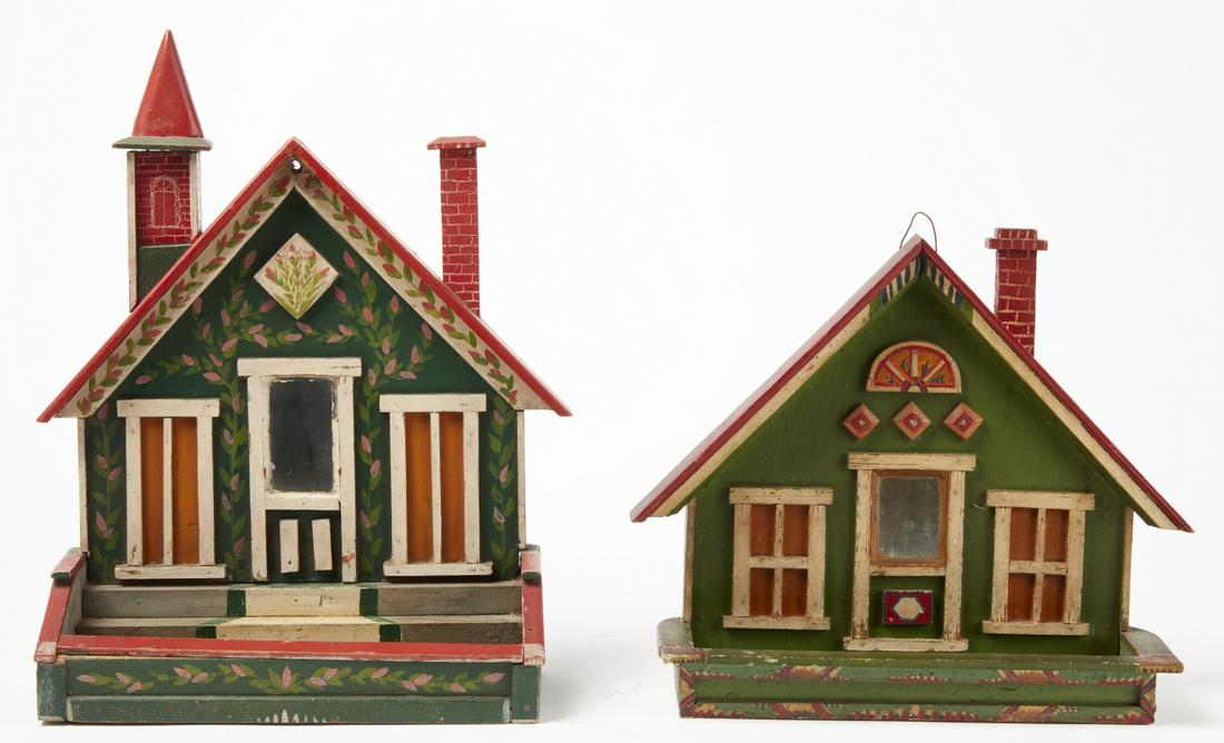 Two Folk Art House Wall Shelves: Two Folk Art House Wall Shelves. Circa 1920. Tallest H 17-1/8" W 13" D 5-1/2". Smaller H 12-5/8" W13" D 4-1/2". Excellent condition with original paint. Collection of Jim and Nancy Glazer Please refer