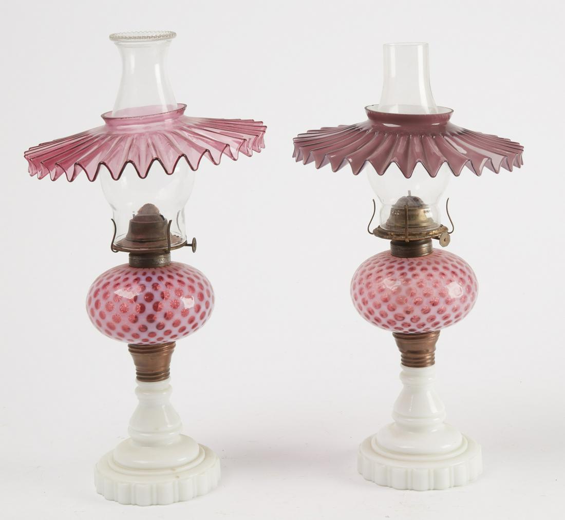 Two Satin Glass Oil Lamps with Milk Glass Bases (1 of 2)