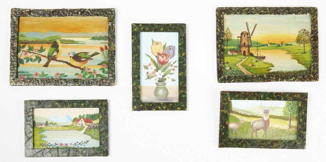 Group 5 Folk Art Paintings Signed B Treutler (1 of 3)